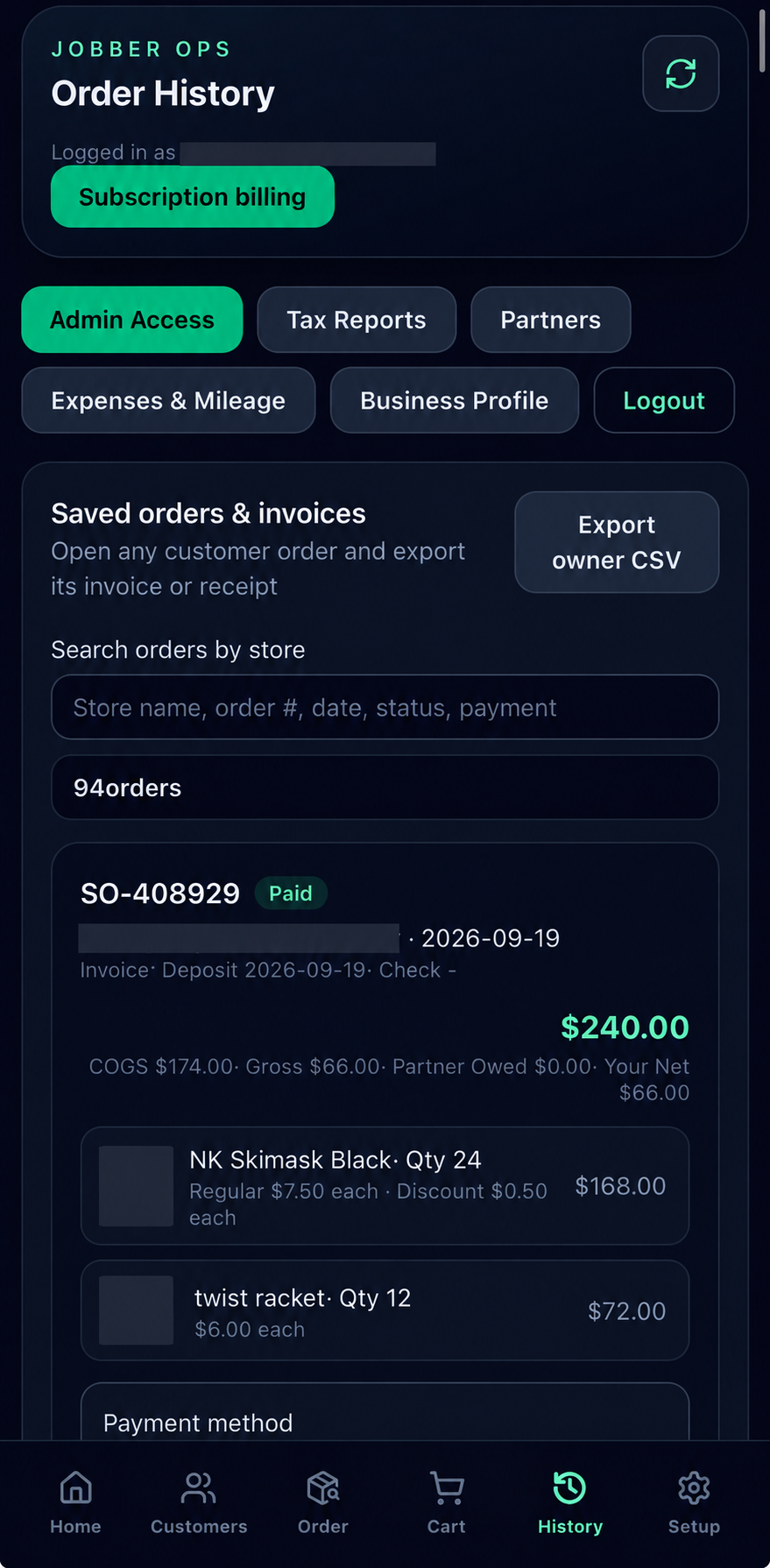 Jobber Ops Order history screenshot; private details hidden or replaced